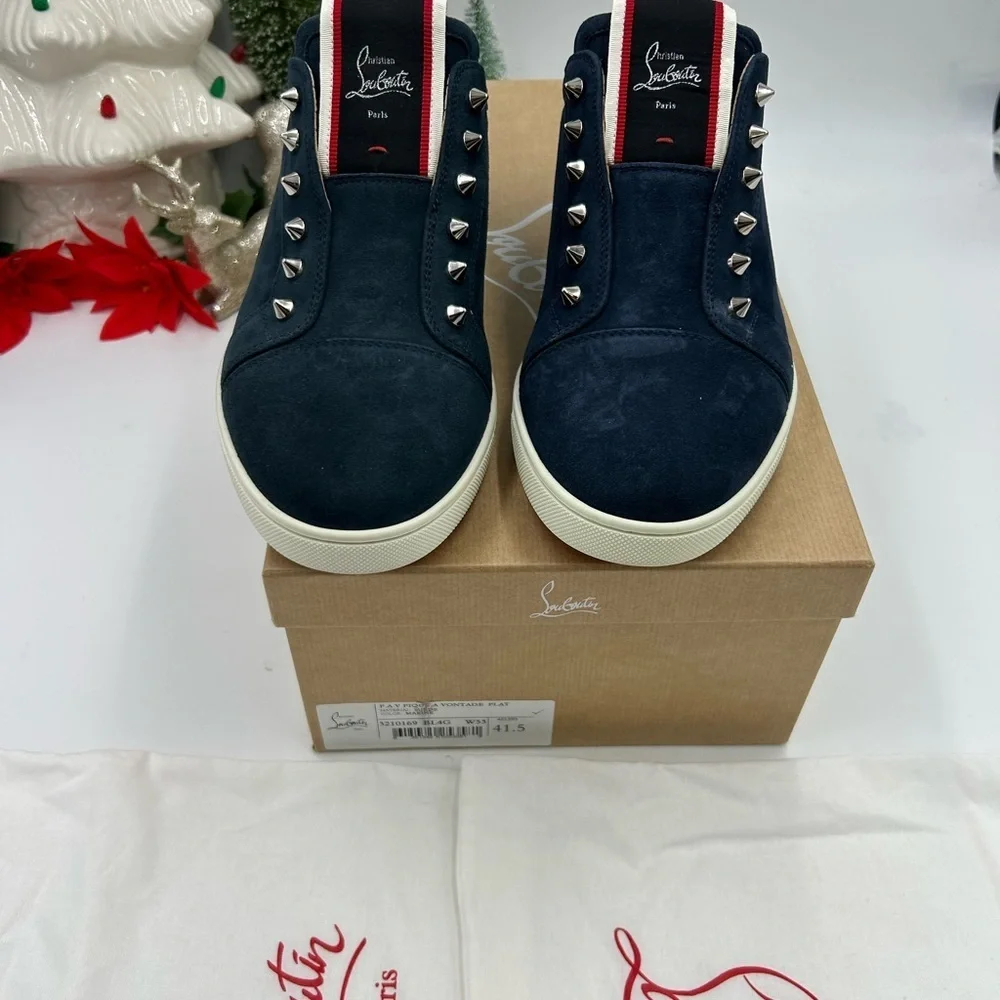 Christian Louboutin Navy Suede Spike-Embellished Sneakers with Red Accent